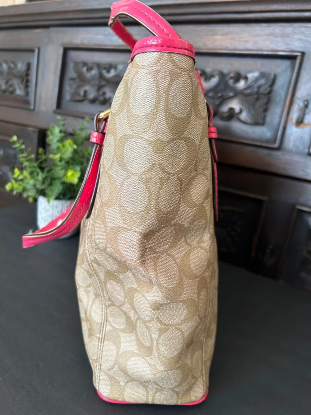 Coach Tan Signature Canvas Tote with Pink Trim and Handles